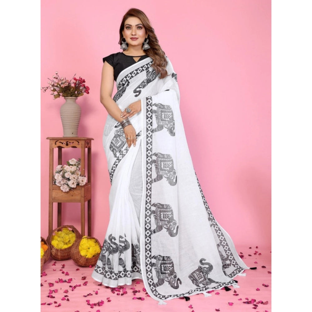 White linen-cotton printed saree with unstitched blouse, stylish Indian women's wear