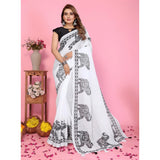 White linen-cotton printed saree with unstitched blouse, stylish Indian women's wear