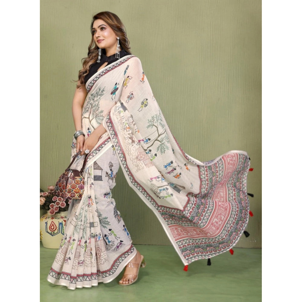 Off-white linen cotton printed saree with unstitched blouse, stylish Indian attire for women