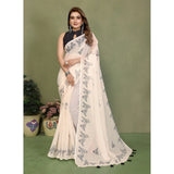Off-white linen cotton printed saree with unstitched blouse, vibrant floral pattern for women's traditional Indian wear
