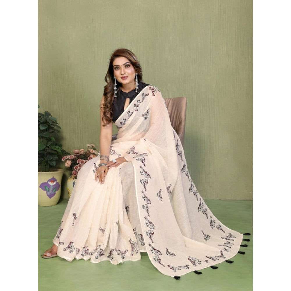 Off-white linen cotton printed saree with unstitched blouse, vibrant floral pattern for traditional Indian wear