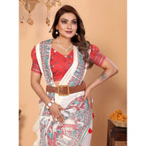 Off-white linen cotton printed saree with unstitched blouse, vibrant floral pattern