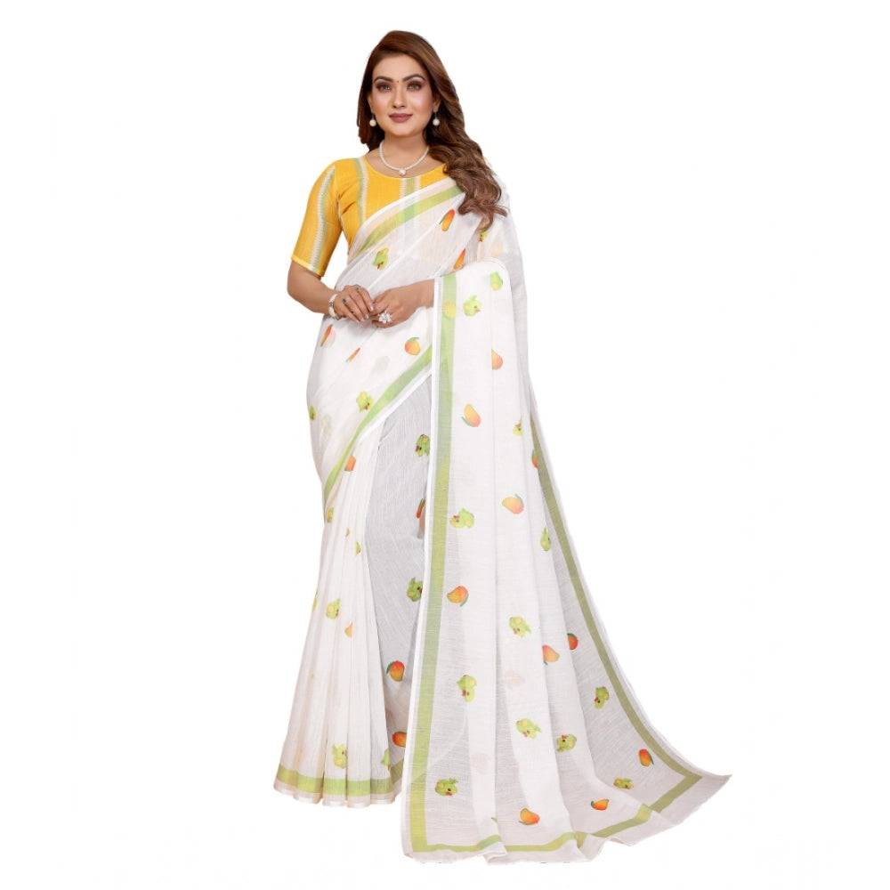 White linen-cotton printed saree with unstitched blouse (5.5mtr)