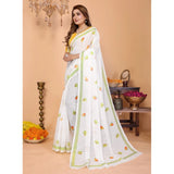 White linen-cotton printed saree with unstitched blouse, vibrant design on a 5.5mtr length
