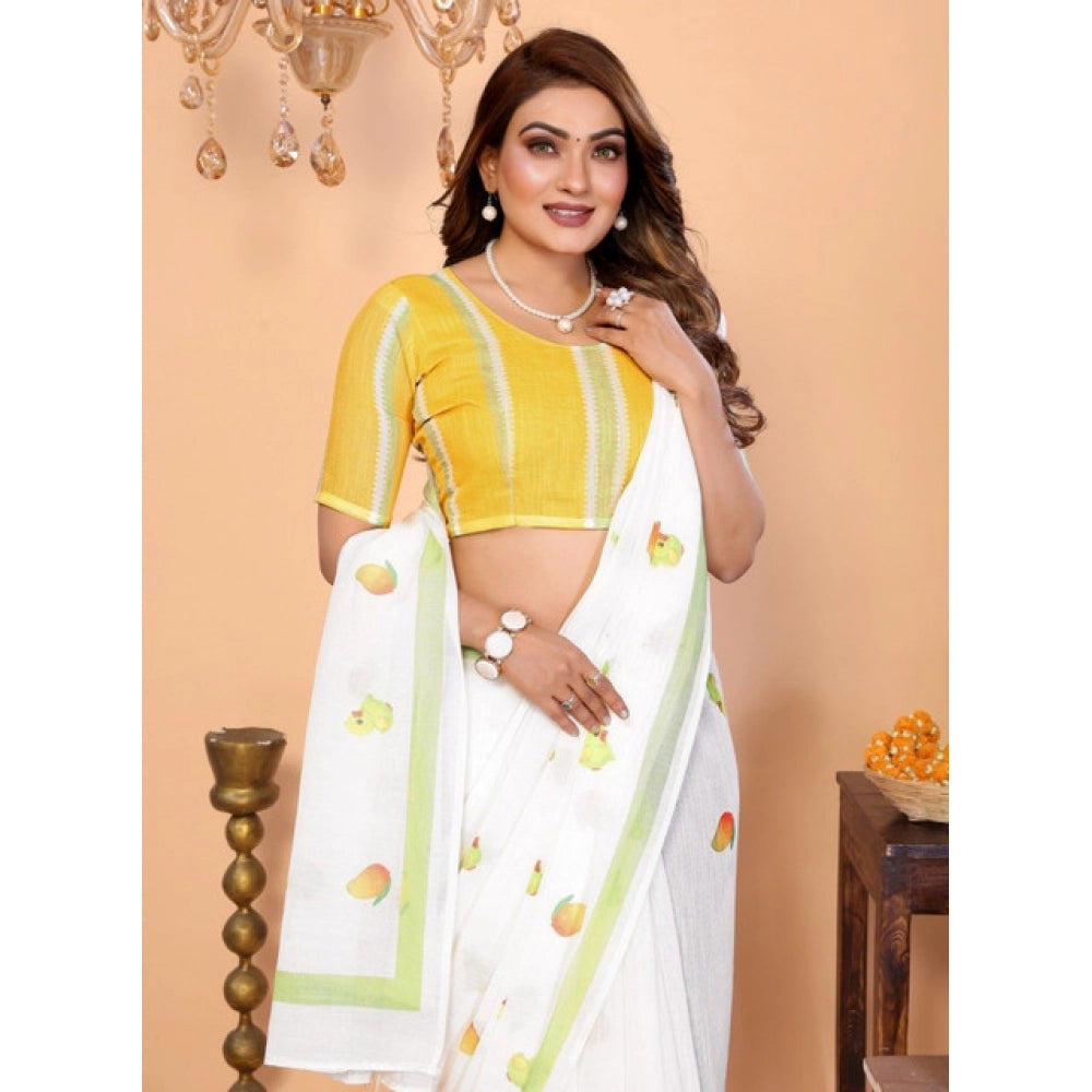 White linen-cotton printed saree with unstitched blouse, 5.5Mtr length
