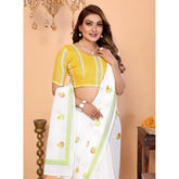 White linen-cotton printed saree with unstitched blouse, 5.5Mtr length