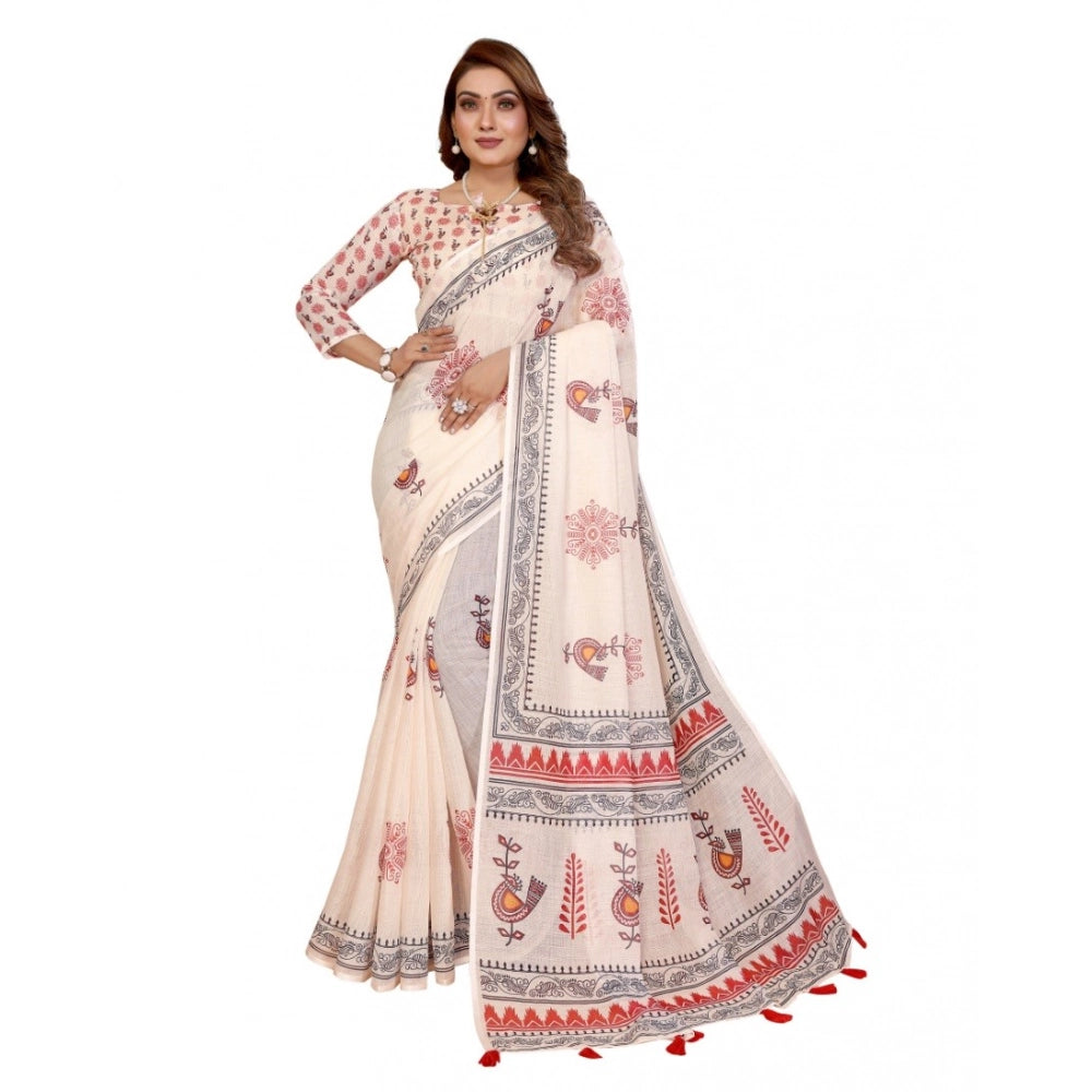 Off-white linen cotton printed saree with unstitched blouse, 5.5mtr length