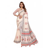 Off-white linen cotton printed saree with unstitched blouse, 5.5mtr length