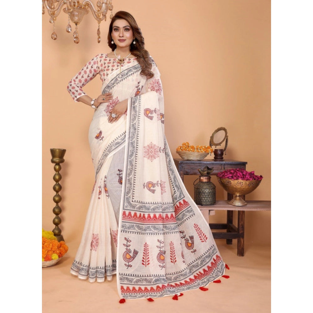 Off-white linen cotton printed saree with unstitched blouse, vibrant floral design for traditional Indian wear