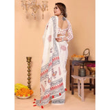 Off-white linen cotton printed saree with unstitched blouse, vibrant floral design for Indian women's traditional wear