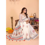 Off-white linen cotton printed saree with unstitched blouse, 5.5Mtr - vibrant Indian fashion accessory for women