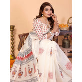 Off-white linen cotton printed saree with unstitched blouse, vibrant floral pattern for women's traditional Indian wear