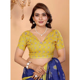 Women's Linen Cotton Printed Saree With Unstitched Blouse 5.5Mtr (Blue)