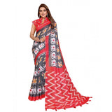 Grey linen-cotton printed saree with unstitched blouse, 5.5Mtr - vibrant pattern on traditional Indian women's attire