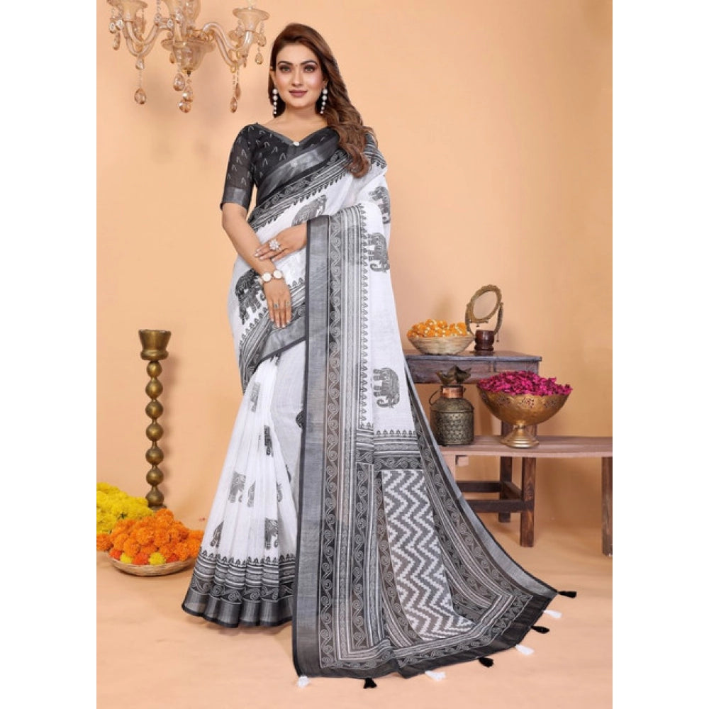 White-Black linen cotton printed saree with unstitched blouse, 5.5Mtr length on model for fashion accessory