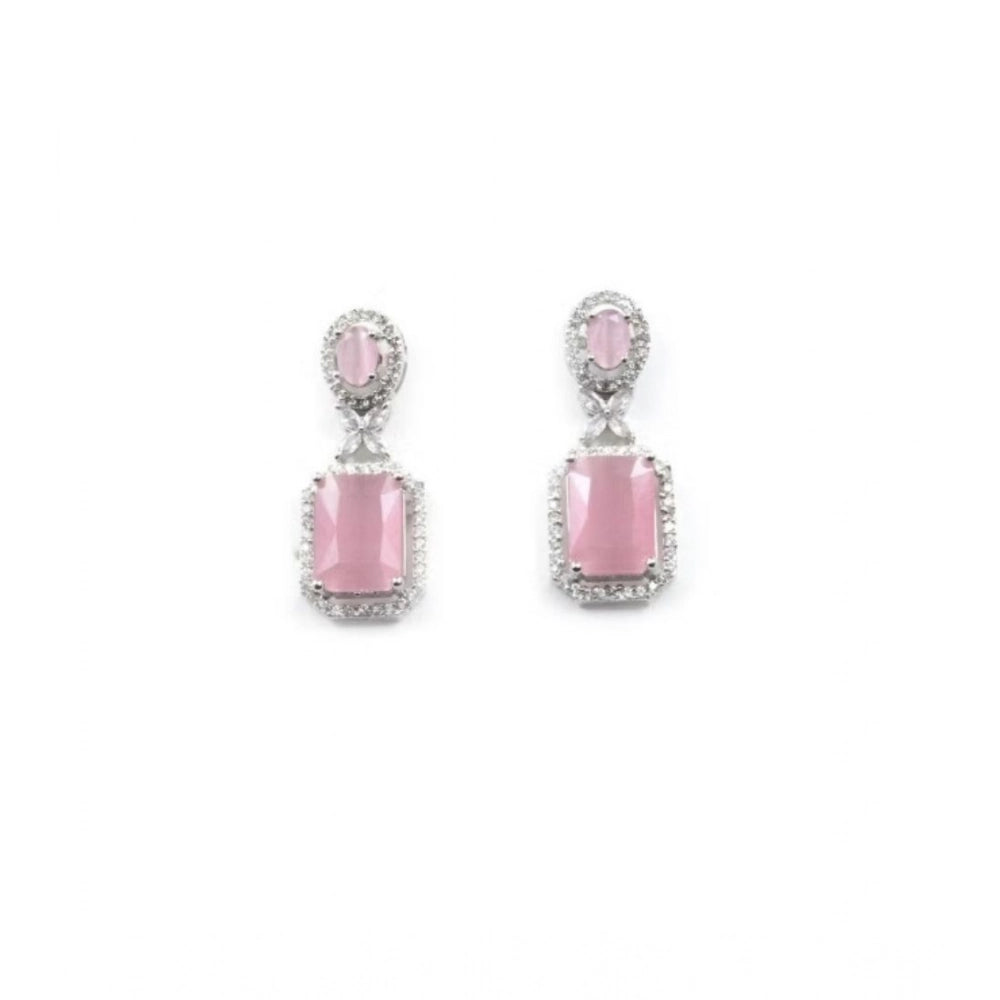 Women's pink brass silver plated drop earrings on model, jewelry accessory for formal events