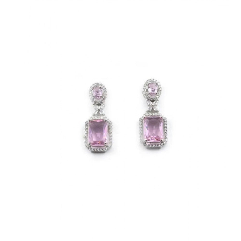 Women's pink brass silver plated drop earrings, wear with casual or formal attire - close-up view