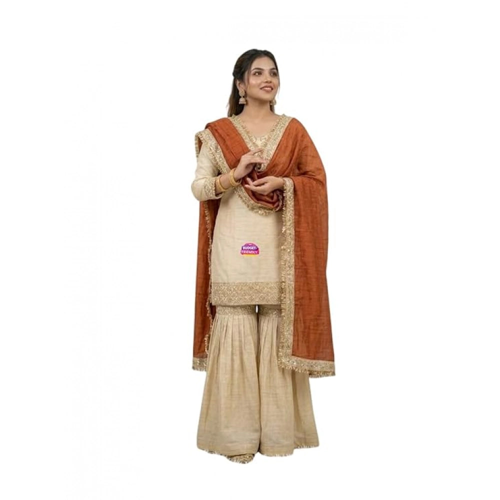 Cream & Orange silk embroidered 3/4th sleeve V-neck kurti set with sharara pant and dupatta, showcasing intricate patterns on a traditional Indian ensemble
