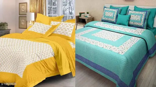 Trendy Jaipuri cotton double bedsheet combo with 4 pillow covers, microfiber, 400 thread count. Queen-sized bedsheet and pillow cover set from India