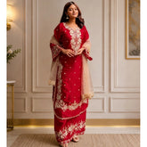 Red silk embroidered kurti set with palazzo pant and dupatta, featuring round neck and 3/4th sleeves