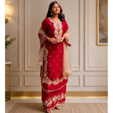 Red silk embroidered kurti set with palazzo pant and dupatta, featuring round neck and 3/4th sleeves