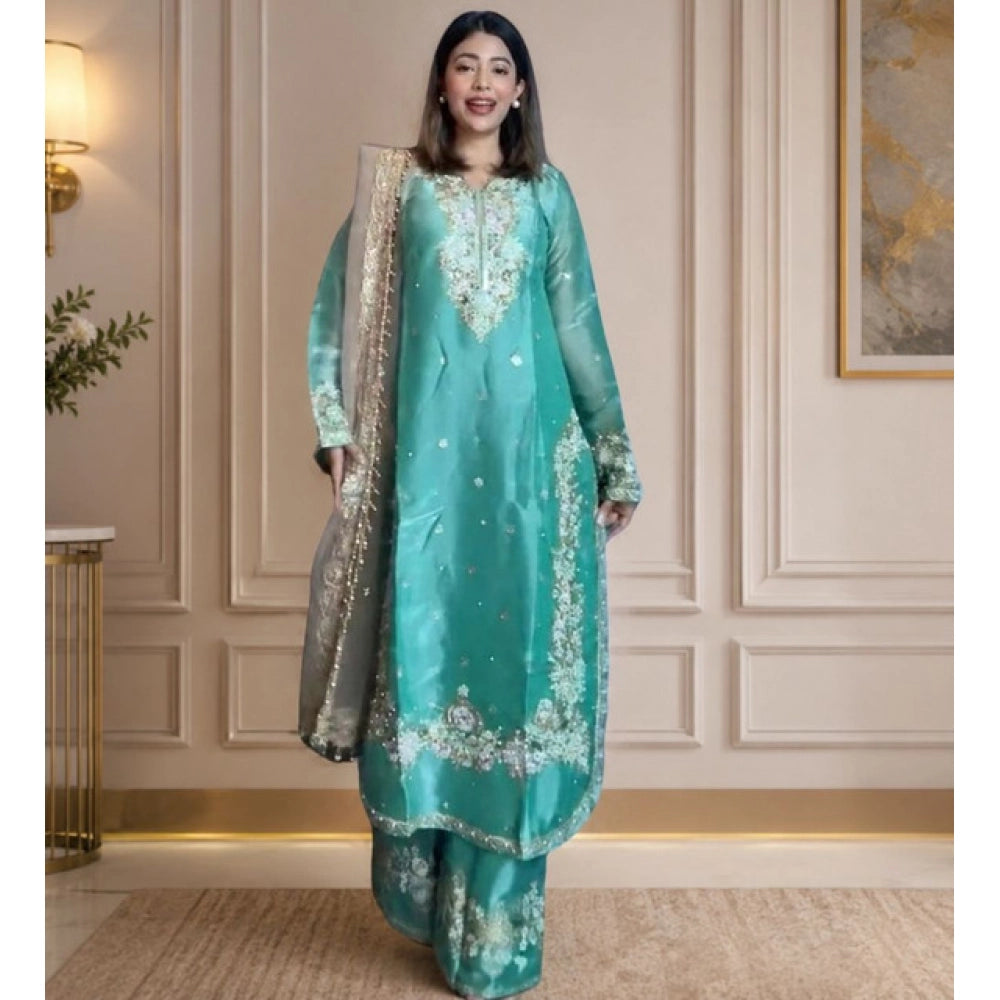 Sea Green silk embroidered kurti set with palazzo pants and dupatta, intricate detailing on round neck 3/4th sleeve readymade outfit
