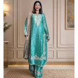 Sea Green silk embroidered kurti set with palazzo pants and dupatta, intricate detailing on round neck 3/4th sleeve readymade outfit