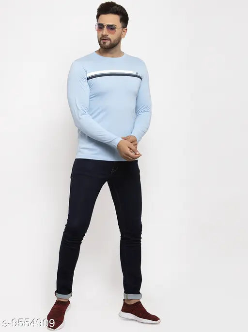 Sky Blue cotton-blend long sleeved regular fit t-shirt with printed pattern, ideal for men's casual wear