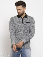 Grey cotton blend Wild West Polo Collar Full Sleeve T-Shirt for Men on hanger, stylish printed design for summer party wear