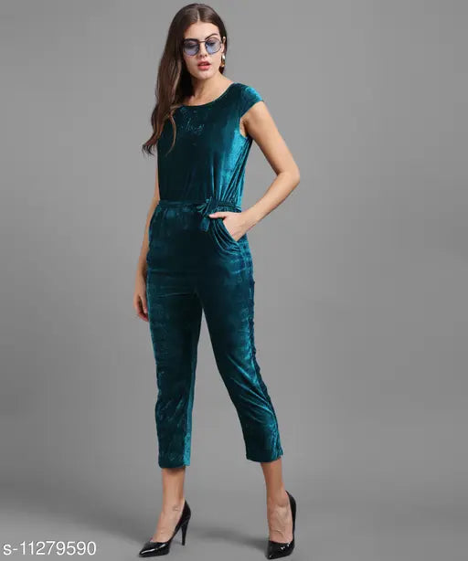 Dark green plain velvet jumpsuit for women, luxurious fabric and timeless design, made in India