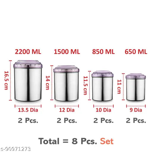 Stainless steel canister set with purple PC lids - high-quality, airtight food storage for various quantities