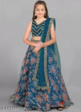 Floral print lehenga choli ethnic wear set for girls, satin and net fabrics with embroidery, size 9-14 years, India origin