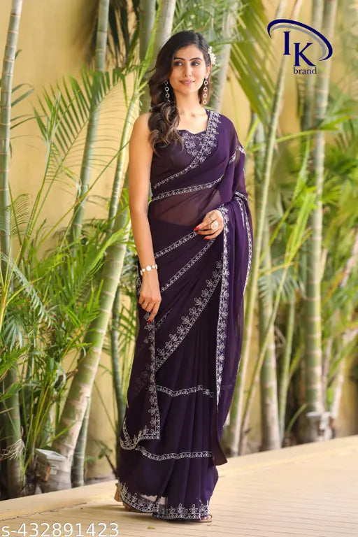 Embroidered georgette and Bangalori silk saree with multiple blouse, trendy party wear for women, India origin