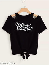 Black lycra shoulder cut crop top with 'Life is Beautiful' print for women