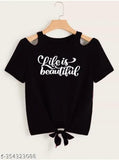 Black lycra shoulder cut crop top with 'Life is Beautiful' print for women