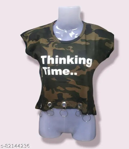 Green cotton army crop t-shirt with printed pattern, free size (bust 30", length 18") - Indian Made