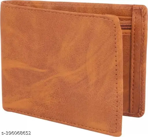 Gold PU leather bi-fold wallet by Zhermack Trendy Men, features 2 compartments, 4 card slots, chain pocket, flip ID, secret slots, and a fashionable design