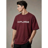 { "alt_text": "Maroon cotton blend men's oversized t-shirt, printed casual wear, round neck half sleeve, 220 GSM" }