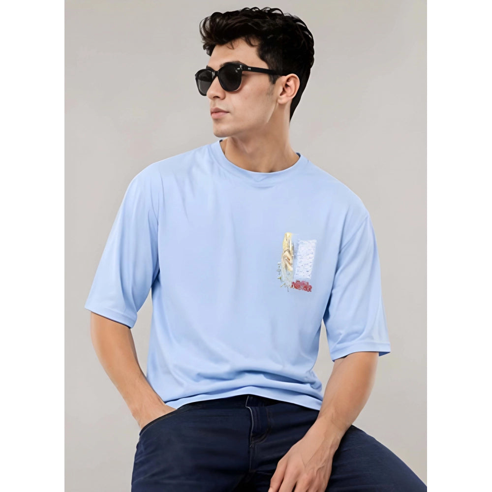 { "alt_text": "Lavender cotton blend men's oversized t-shirt, printed casual wear, round neck half sleeve" }