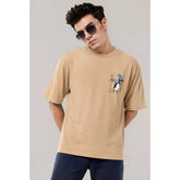 { "alt_text": "Beige cotton blend men's oversized t-shirt, printed casual wear, round neck half sleeve, 240 GSM" }