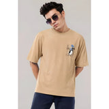 { "alt_text": "Beige cotton blend men's oversized t-shirt, printed casual wear, round neck half sleeve, 240 GSM" }