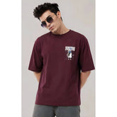 { "alt_text": "Wine cotton blend men's oversized t-shirt, printed casual wear, round neck half sleeve, 240 GSM" }