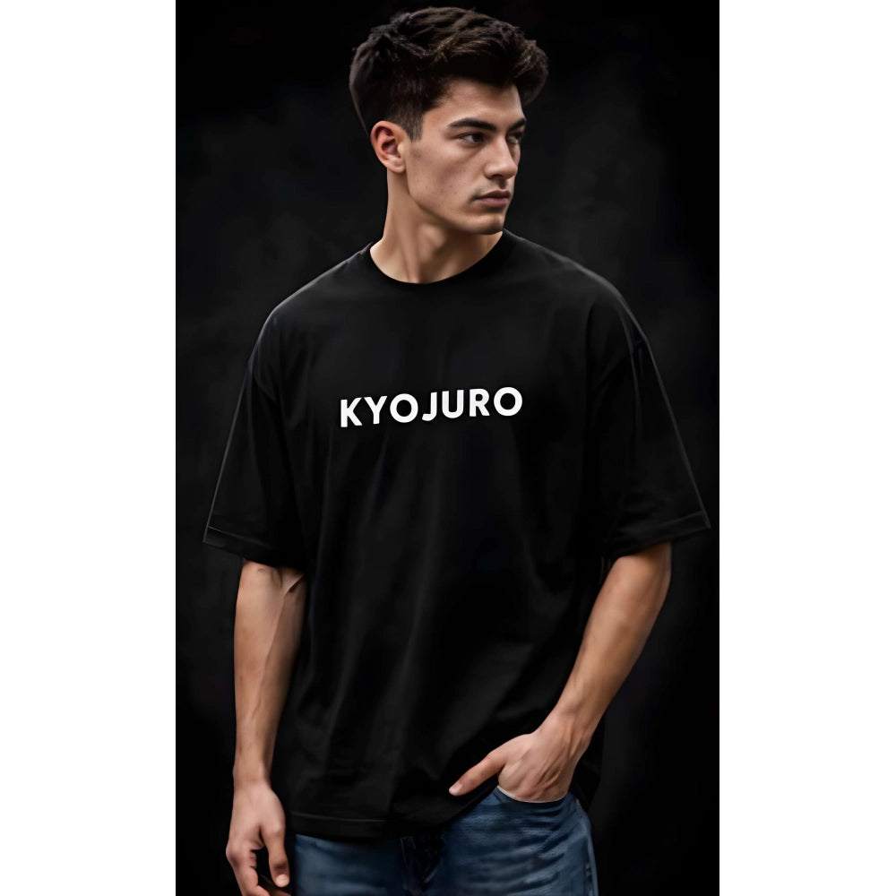 { "alt_text": "Black cotton blend men's oversized t-shirt, printed casual wear, round neck half sleeve, 220 GSM" }