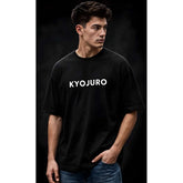 { "alt_text": "Black cotton blend men's oversized t-shirt, printed casual wear, round neck half sleeve, 220 GSM" }