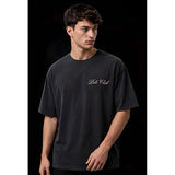 { "alt_text": "Grey cotton blend men's oversized t-shirt, printed casual wear, round neck half sleeve, 220 GSM" }