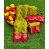 { "alt_text": "Green Brasso printed saree with unstitched blouse, 5.5Mtr, ethnic wear, Indian fashion" }