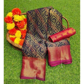 { "alt_text": "Navy blue Brasso printed saree with unstitched blouse, 5.5 meter ethnic wear, Indian fashion" }