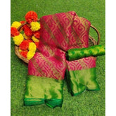{ "alt_text": "Pink Brasso printed saree with unstitched blouse, 5.5Mtr, ethnic wear, Indian fashion" }