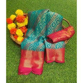 { "alt_text": "Rama printed Brasso saree with unstitched blouse, 5.5 meter ethnic wear for women" }