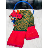 { "alt_text": "Green Brasso printed saree with unstitched blouse, 5.5Mtr ethnic wear, Indian traditional clothing" }
